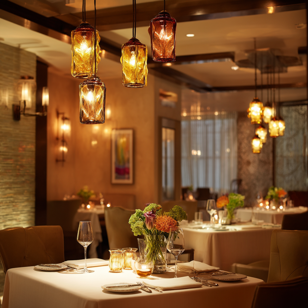 Fine dining restaurant with custom Murano lighting