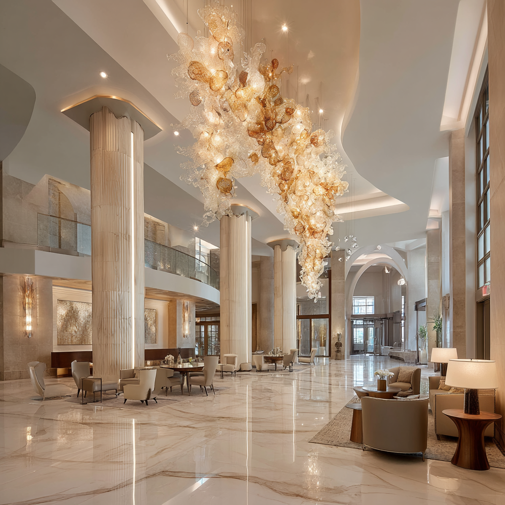 Luxury hotel lobby with custom Murano chandelier
